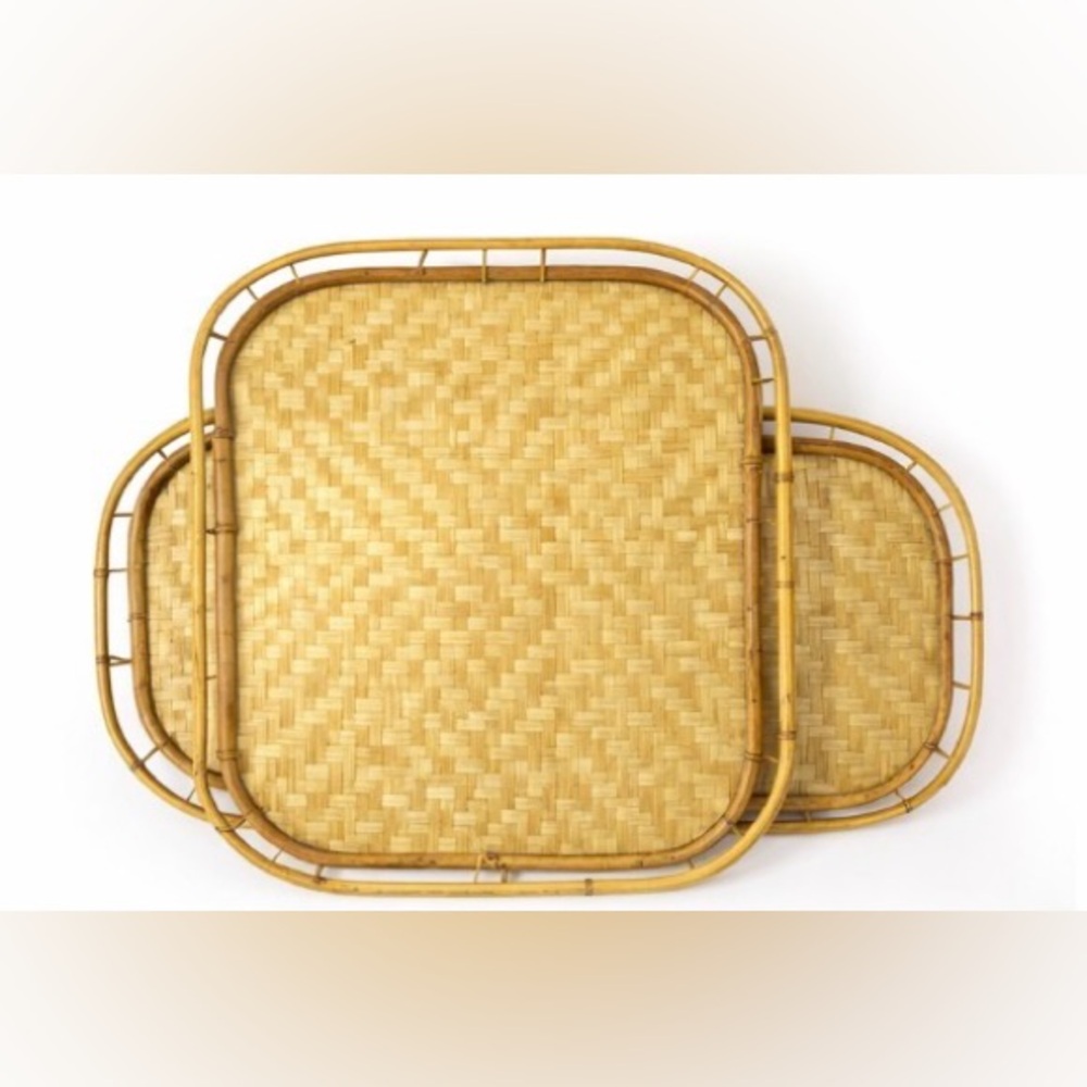 Vintage Woven Bamboo Serving Trays Stackable Set of 2
